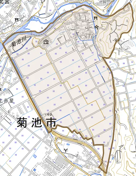 今とその周辺の地図。町の範囲を重ねている