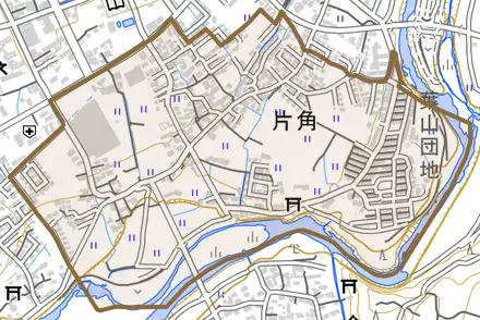 片角とその周辺の地図。町の範囲を重ねている