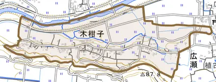 木柑子とその周辺の地図。町の範囲を重ねている