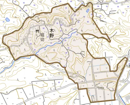 木野とその周辺の地図。町の範囲を重ねている