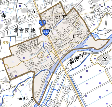 北宮とその周辺の地図。町の範囲を重ねている