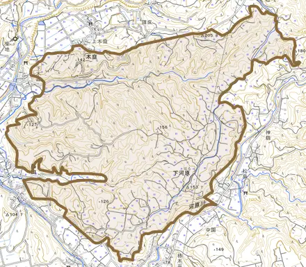 木庭とその周辺の地図。町の範囲を重ねている