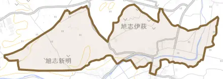 旭志伊萩とその周辺の地図。町の範囲を重ねている