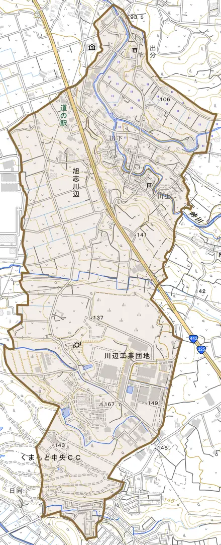 旭志川辺とその周辺の地図。町の範囲を重ねている