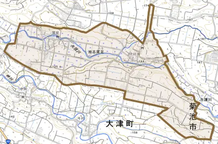 旭志尾足とその周辺の地図。町の範囲を重ねている