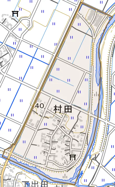 村田とその周辺の地図。町の範囲を重ねている