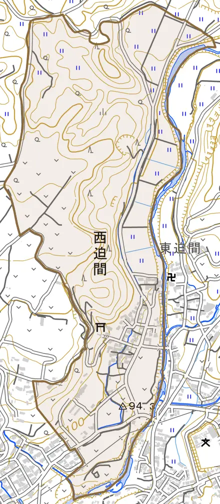 西迫間とその周辺の地図。町の範囲を重ねている