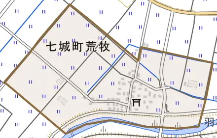 七城町荒牧とその周辺の地図。町の範囲を重ねている