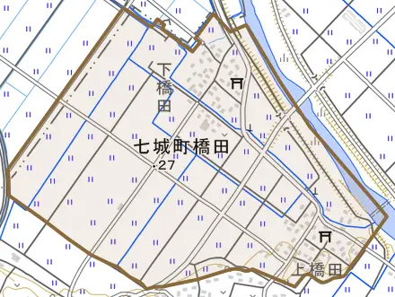 七城町橋田とその周辺の地図。町の範囲を重ねている