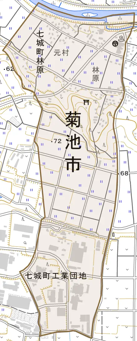 七城町林原とその周辺の地図。町の範囲を重ねている