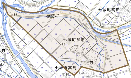 七城町加恵とその周辺の地図。町の範囲を重ねている