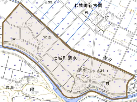 七城町清水とその周辺の地図。町の範囲を重ねている