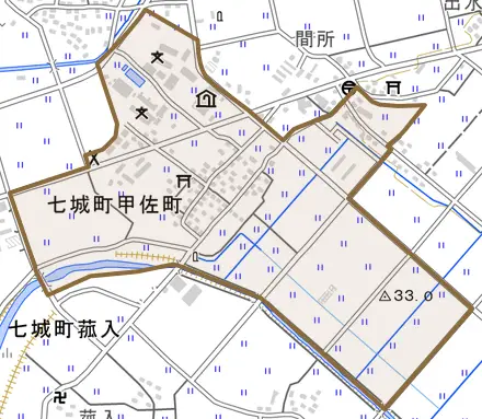 七城町甲佐町とその周辺の地図。町の範囲を重ねている