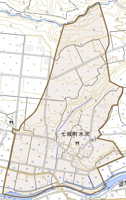 七城町水次とその周辺の地図。町の範囲を重ねている