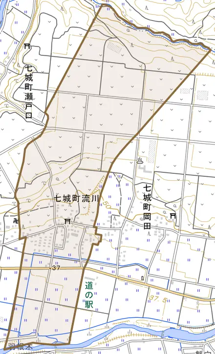 七城町流川とその周辺の地図。町の範囲を重ねている