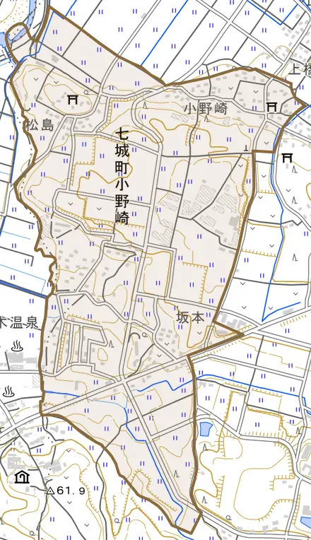 七城町小野崎とその周辺の地図。町の範囲を重ねている