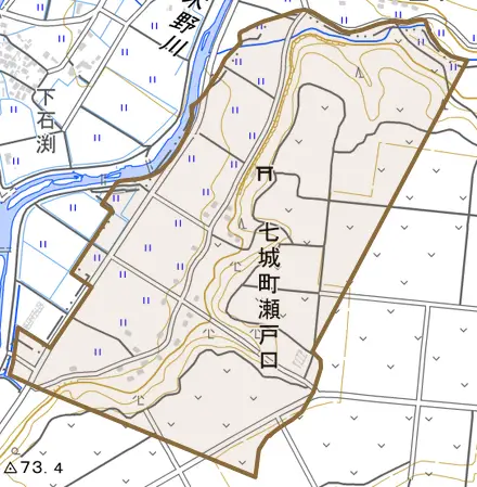 七城町瀬戸口とその周辺の地図。町の範囲を重ねている