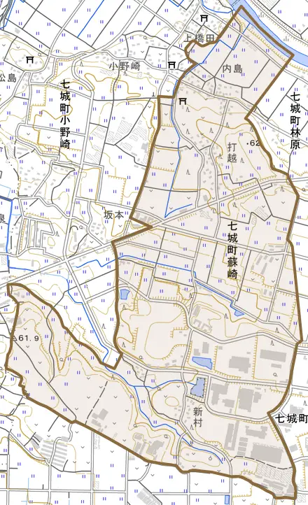 七城町蘇崎とその周辺の地図。町の範囲を重ねている