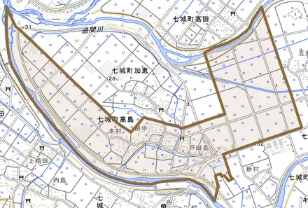 七城町高島とその周辺の地図。町の範囲を重ねている