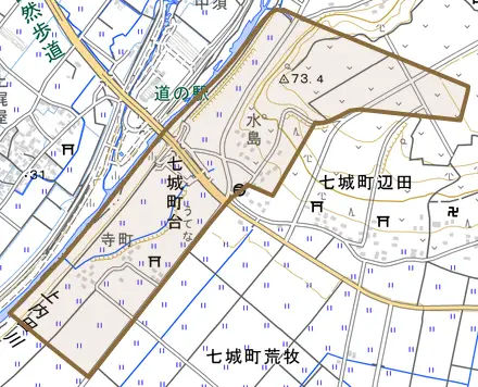 七城町台とその周辺の地図。町の範囲を重ねている