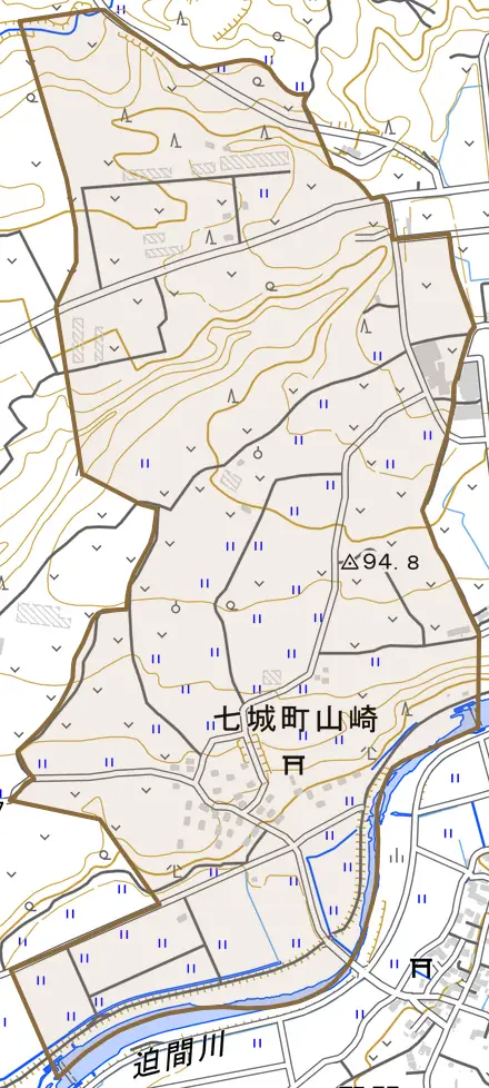 七城町山崎とその周辺の地図。町の範囲を重ねている
