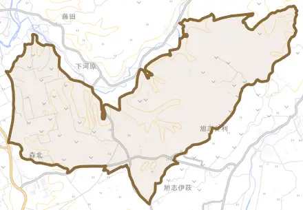 下河原とその周辺の地図。町の範囲を重ねている