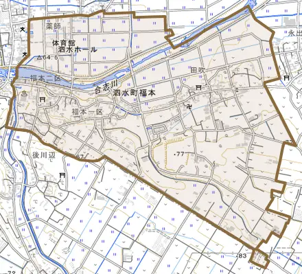 泗水町福本とその周辺の地図。町の範囲を重ねている