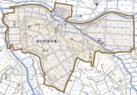 泗水町南田島とその周辺の地図。町の範囲を重ねている
