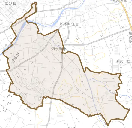 泗水町永とその周辺の地図。町の範囲を重ねている