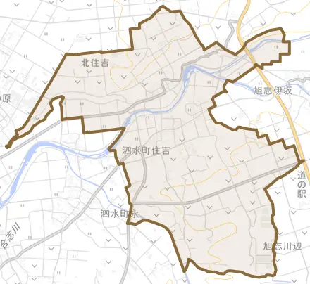 泗水町住吉とその周辺の地図。町の範囲を重ねている