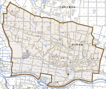 泗水町田島とその周辺の地図。町の範囲を重ねている