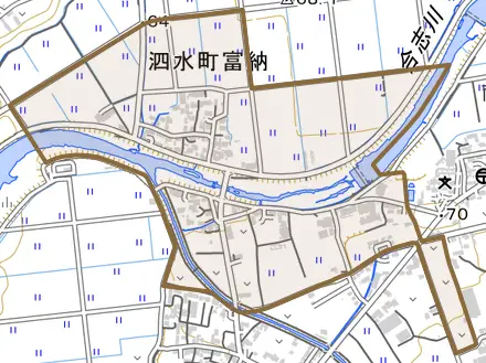 泗水町富納とその周辺の地図。町の範囲を重ねている