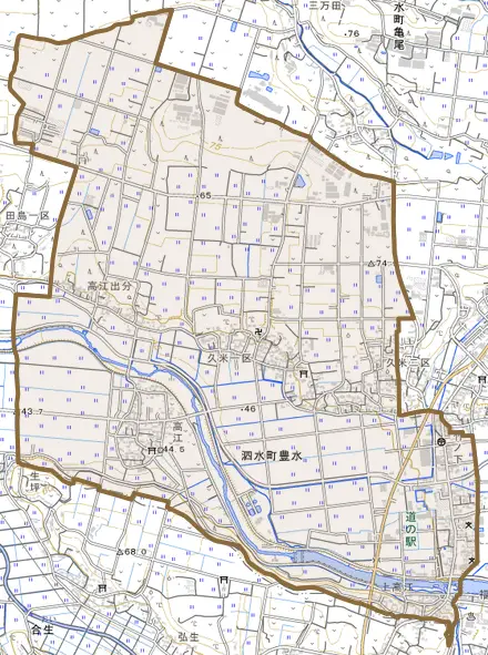 泗水町豊水とその周辺の地図。町の範囲を重ねている