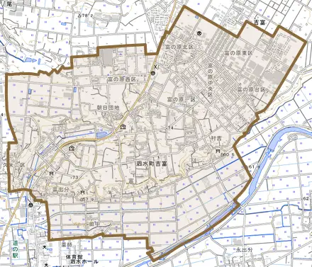 吉富とその周辺の地図。町の範囲を重ねている