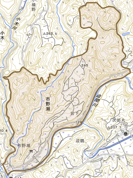 市野瀬とその周辺の地図。町の範囲を重ねている