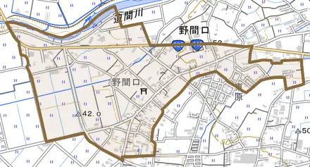 野間口とその周辺の地図。町の範囲を重ねている