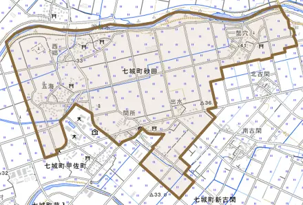 砂田とその周辺の地図。町の範囲を重ねている