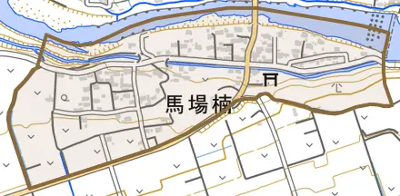 大字馬場楠とその周辺の地図。町の範囲を重ねている