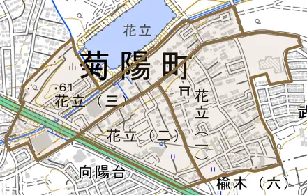 花立とその周辺の地図。町の範囲を重ねている