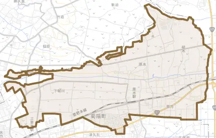 大字原水とその周辺の地図。町の範囲を重ねている