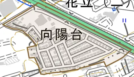 向陽台とその周辺の地図。町の範囲を重ねている