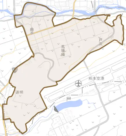 大字曲手とその周辺の地図。町の範囲を重ねている