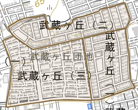 武蔵ヶ丘とその周辺の地図。町の範囲を重ねている