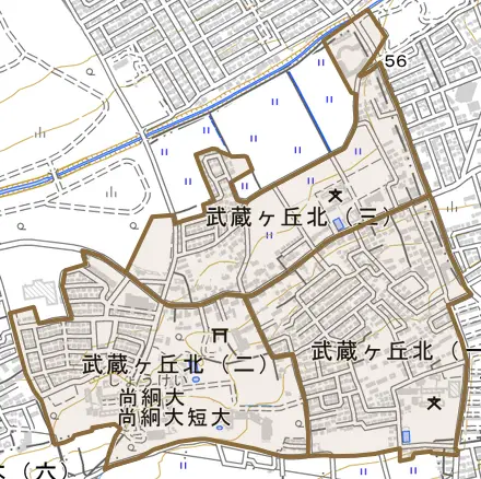 武蔵ヶ丘北とその周辺の地図。町の範囲を重ねている