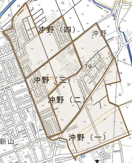 沖野とその周辺の地図。町の範囲を重ねている
