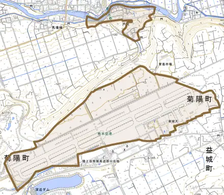 大字戸次とその周辺の地図。町の範囲を重ねている