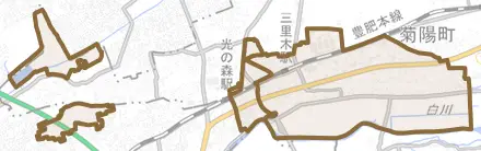 大字津久礼とその周辺の地図。町の範囲を重ねている