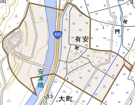 大字有安とその周辺の地図。町の範囲を重ねている