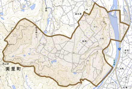 大字船津とその周辺の地図。町の範囲を重ねている