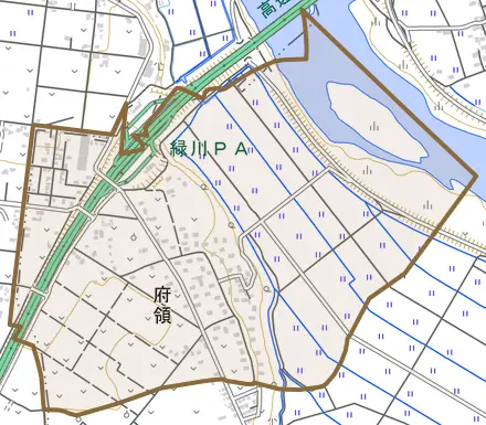 大字府領とその周辺の地図。町の範囲を重ねている